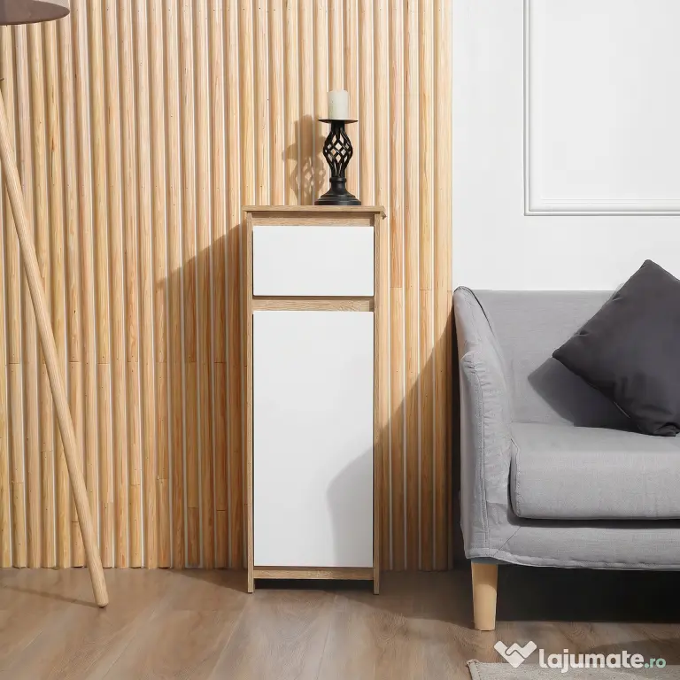 kleankin Dulap de Baie, Comodă cu 2 Niveluri și 1 Sertar din MDF, 32.6x30x90 cm, Lemn natural+Alb | Aosom Romania