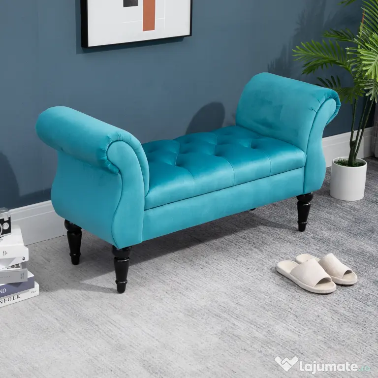 HOMCOM Chaise Captusita Stil Vintage cu Cotiere Tapitate si Cadru din Lemn, Albastru deschis 117x40x58Hcm | Aosom Romania