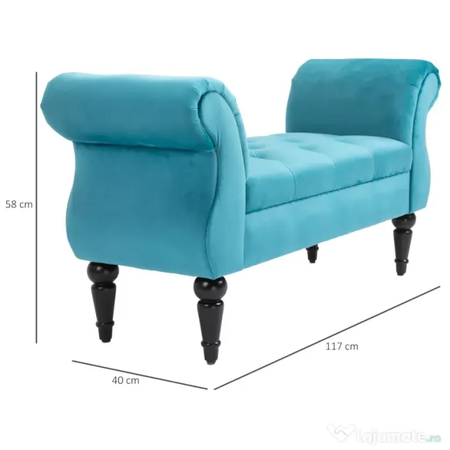 HOMCOM Chaise Captusita Stil Vintage cu Cotiere Tapitate si Cadru din Lemn, Albastru deschis 117x40x58Hcm | Aosom Romania