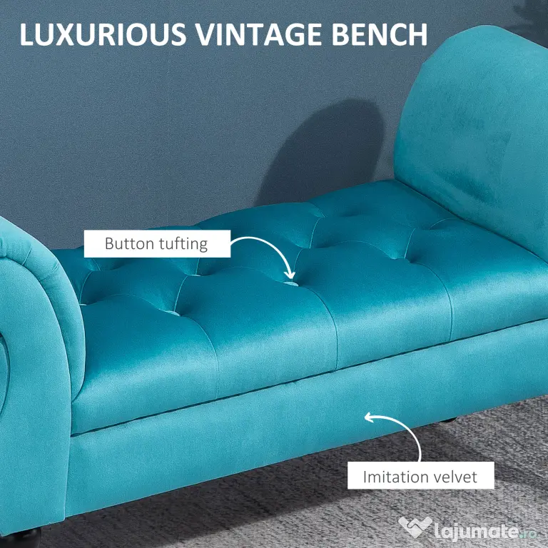 HOMCOM Chaise Captusita Stil Vintage cu Cotiere Tapitate si Cadru din Lemn, Albastru deschis 117x40x58Hcm | Aosom Romania