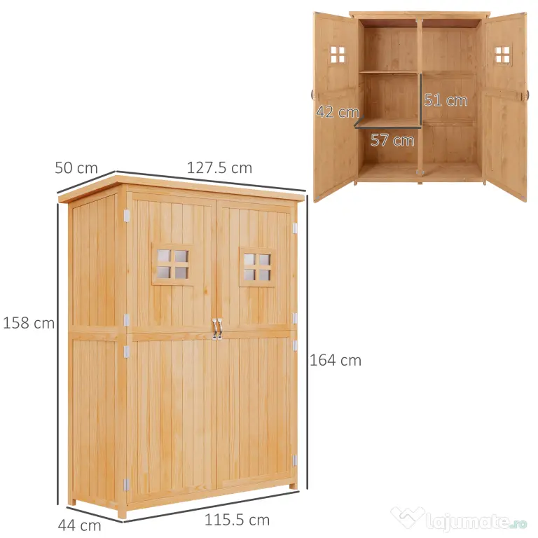 Casuta de gradina Outsunny pentru scule din lemn de brad cu rafturi 127.5x50x164 | Aosom Romania