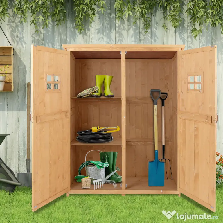 Casuta de gradina Outsunny pentru scule din lemn de brad cu rafturi 127.5x50x164 | Aosom Romania