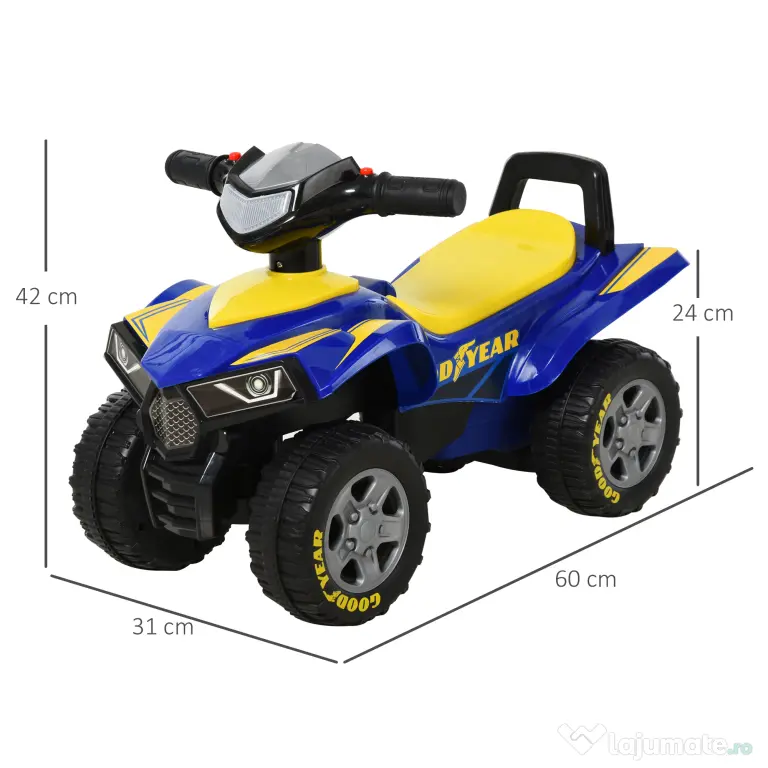 HOMCOM Quad Jucărie Licențiat GOODYEAR pentru Copii 18-36 Luni, cu Efecte Luminoase și Sonore, Albastru și Galben | Aosom Romania