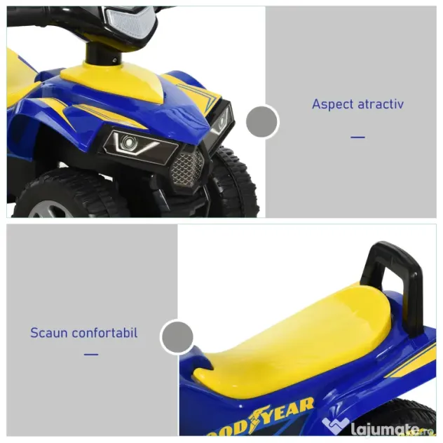 HOMCOM Quad Jucărie Licențiat GOODYEAR pentru Copii 18-36 Luni, cu Efecte Luminoase și Sonore, Albastru și Galben | Aosom Romania