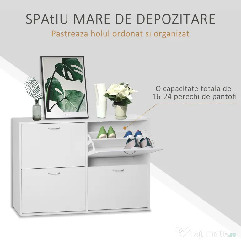 HOMCOM Dulap Pantofi pentru 24 Perechi, Design Eficient din Lemn, Alb, 120x24x81cm | Aosom Romania