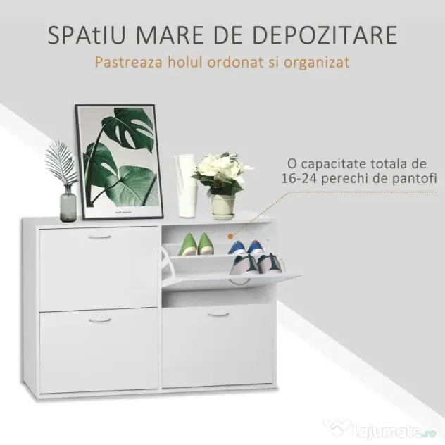 HOMCOM Dulap Pantofi pentru 24 Perechi, Design Eficient din Lemn, Alb, 120x24x81cm | Aosom Romania
