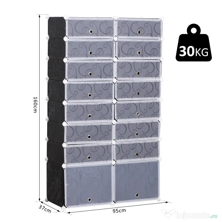 HOMCOM Organizator Pantofi Modular, 16 Cuburi, Ușor de Asamblat, Material PP, Design Modern, Alb și Negru, 95x37x160cm | Aosom Romania