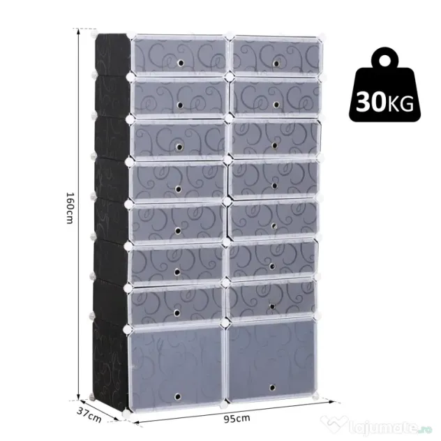 HOMCOM Organizator Pantofi Modular, 16 Cuburi, Ușor de Asamblat, Material PP, Design Modern, Alb și Negru, 95x37x160cm | Aosom Romania