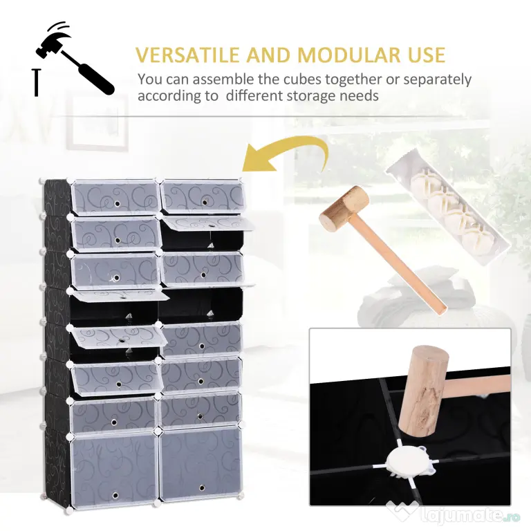 HOMCOM Organizator Pantofi Modular, 16 Cuburi, Ușor de Asamblat, Material PP, Design Modern, Alb și Negru, 95x37x160cm | Aosom Romania