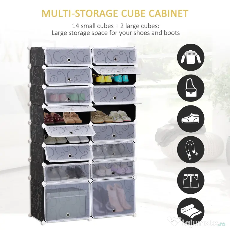 HOMCOM Organizator Pantofi Modular, 16 Cuburi, Ușor de Asamblat, Material PP, Design Modern, Alb și Negru, 95x37x160cm | Aosom Romania