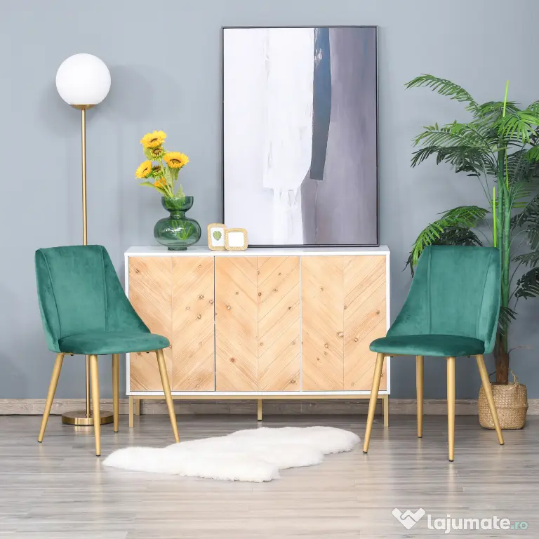 HOMCOM Scaune Moderne și Capitonate, Set din 2 Piese pentru Salon, Sufragerie, Bucătarie sau Zona de Servit Masa, 50x56.5x85 cm, Verde | Aosom Romania