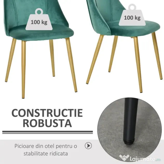 HOMCOM Scaune Moderne și Capitonate, Set din 2 Piese pentru Salon, Sufragerie, Bucătarie sau Zona de Servit Masa, 50x56.5x85 cm, Verde | Aosom Romania