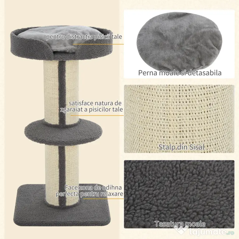 Stâlp de Zgâriat Multifuncțional PawHut, Coloană în Sisal și Pernă Moale, Miel Casmir, 81cm | Aosom Romania