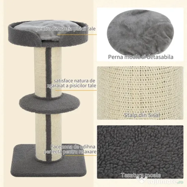 Stâlp de Zgâriat Multifuncțional PawHut, Coloană în Sisal și Pernă Moale, Miel Casmir, 81cm | Aosom Romania