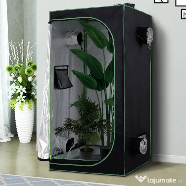 Outsunny Cort Hidroponic din Oxford 600D cu 5 Orificii de Ventilație Reglabile și Fereastră, 80x80x160 cm, Negru | Aosom Romania