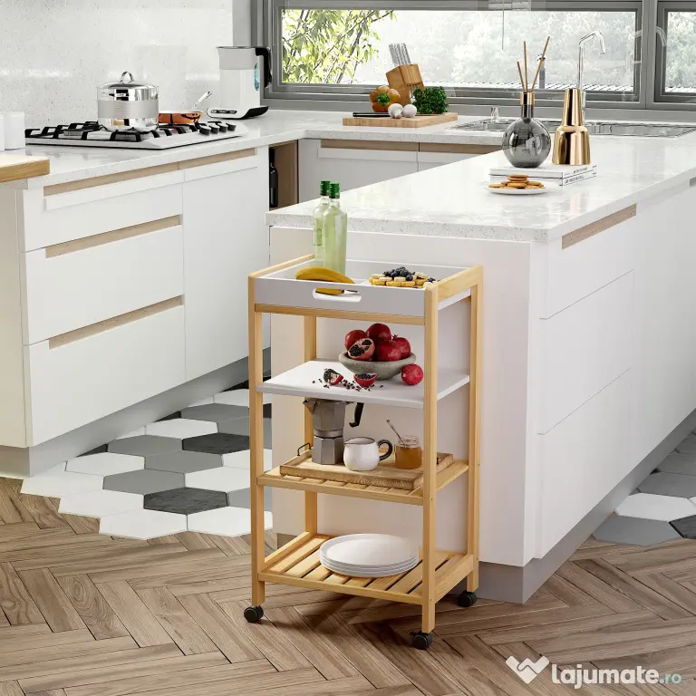 HOMCOM Carucior de bucatarie cu 4 nivele din MDF si lemn de pin cu 4 roti pivotante, 40x30x76 cm, alb si maro | Aosom Romania