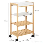 HOMCOM Carucior de bucatarie cu 4 nivele din MDF si lemn de pin cu 4 roti pivotante, 40x30x76 cm, alb si maro | Aosom Romania 