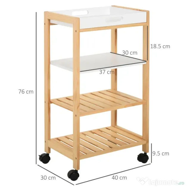 HOMCOM Carucior de bucatarie cu 4 nivele din MDF si lemn de pin cu 4 roti pivotante, 40x30x76 cm, alb si maro | Aosom Romania