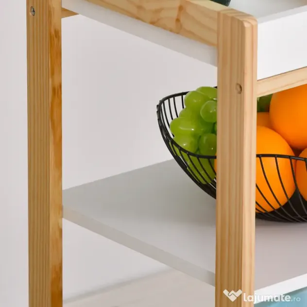 HOMCOM Carucior de bucatarie cu 4 nivele din MDF si lemn de pin cu 4 roti pivotante, 40x30x76 cm, alb si maro | Aosom Romania