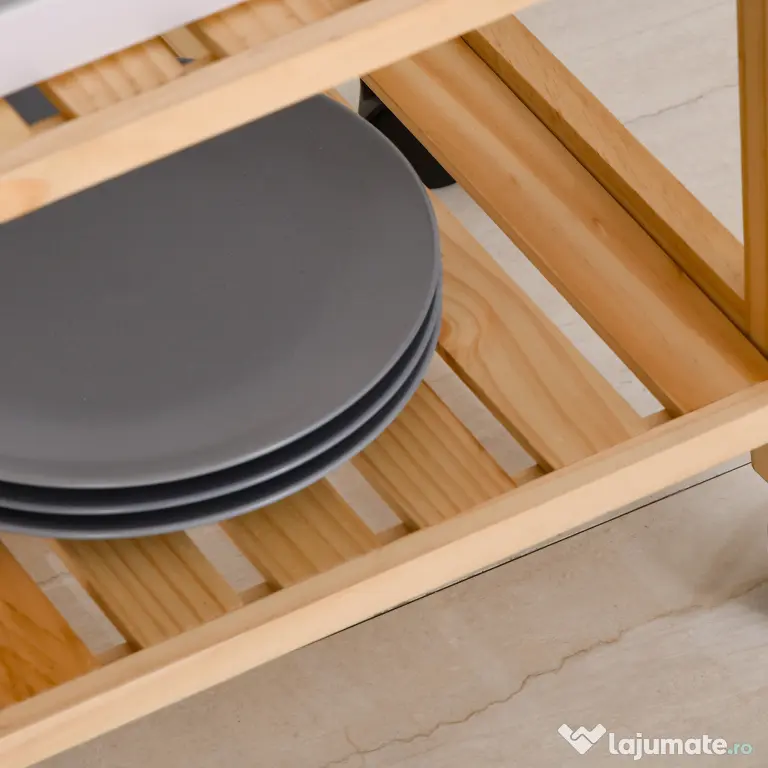 HOMCOM Carucior de bucatarie cu 4 nivele din MDF si lemn de pin cu 4 roti pivotante, 40x30x76 cm, alb si maro | Aosom Romania