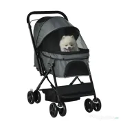 Carucior PawHut pentru Caini Pliabil Maner Reversibil Roti EVA Gri Design Modern | Aosom Romania 