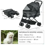 Carucior PawHut pentru Caini Pliabil Maner Reversibil Roti EVA Gri Design Modern | Aosom Romania 