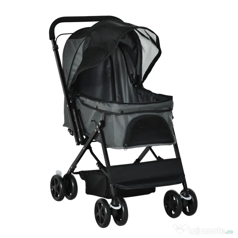 Carucior PawHut pentru Caini Pliabil Maner Reversibil Roti EVA Gri Design Modern | Aosom Romania