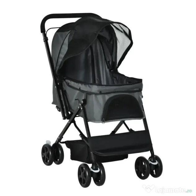 Carucior PawHut pentru Caini Pliabil Maner Reversibil Roti EVA Gri Design Modern | Aosom Romania