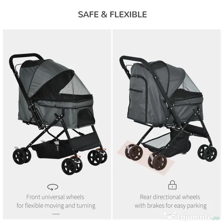 Carucior PawHut pentru Caini Pliabil Maner Reversibil Roti EVA Gri Design Modern | Aosom Romania