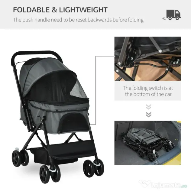Carucior PawHut pentru Caini Pliabil Maner Reversibil Roti EVA Gri Design Modern | Aosom Romania