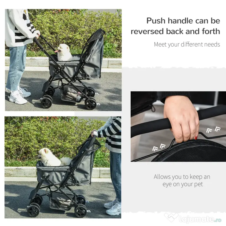 Carucior PawHut pentru Caini Pliabil Maner Reversibil Roti EVA Gri Design Modern | Aosom Romania