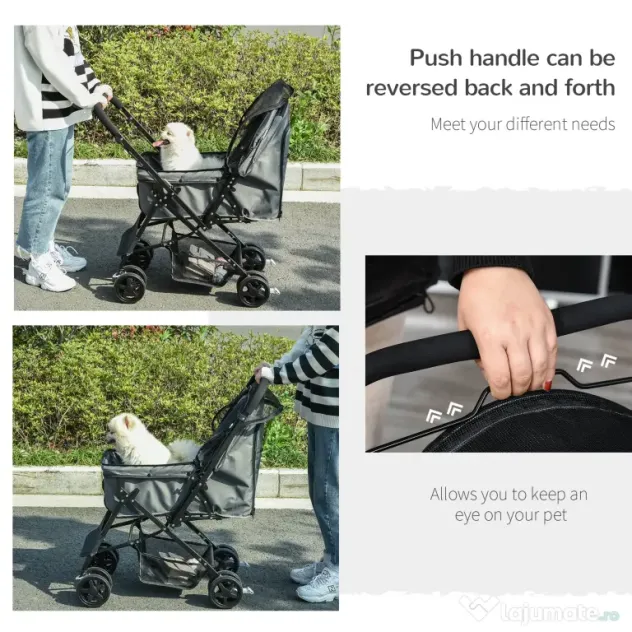Carucior PawHut pentru Caini Pliabil Maner Reversibil Roti EVA Gri Design Modern | Aosom Romania