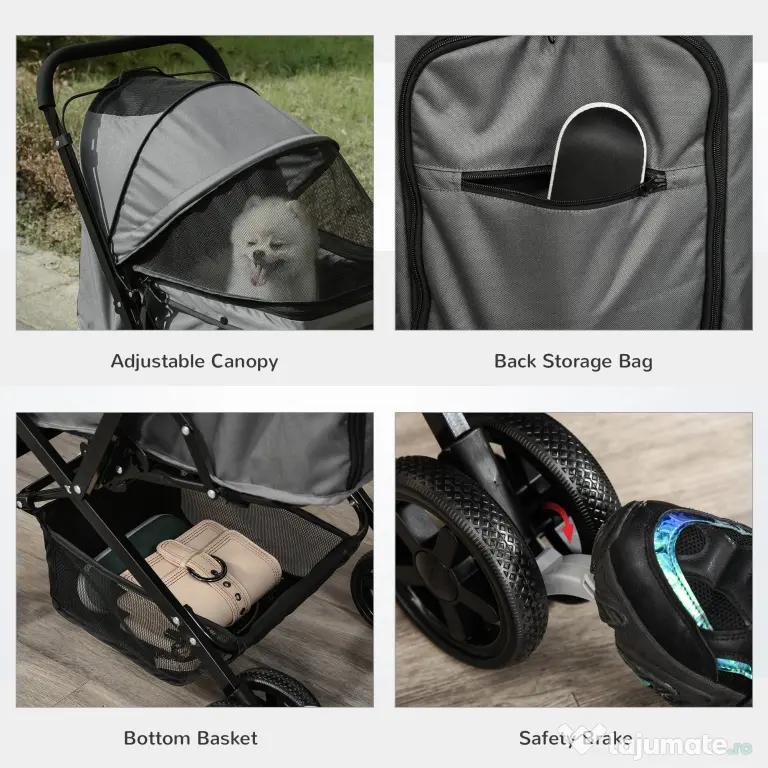 Carucior PawHut pentru Caini Pliabil Maner Reversibil Roti EVA Gri Design Modern | Aosom Romania