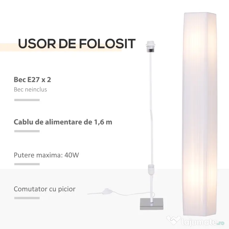 HOMCOM Lampă de Podea cu Design Modern pentru Living, 14x14x120 cm, Alb | Aosom Romania
