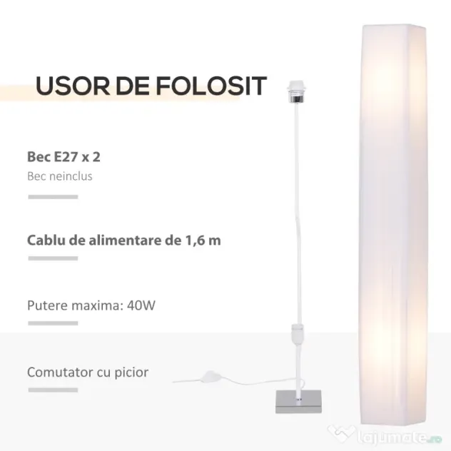 HOMCOM Lampă de Podea cu Design Modern pentru Living, 14x14x120 cm, Alb | Aosom Romania