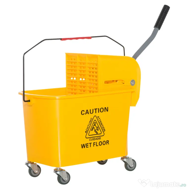 HOMCOM Cărucior Găleată cu Separator de Apă și Storcător Detașabil din PP, 63x27x67 cm, Galben | Aosom Romania