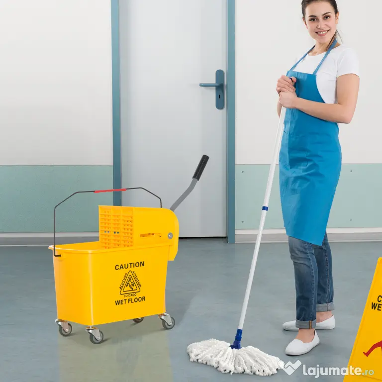 HOMCOM Cărucior Găleată cu Separator de Apă și Storcător Detașabil din PP, 63x27x67 cm, Galben | Aosom Romania