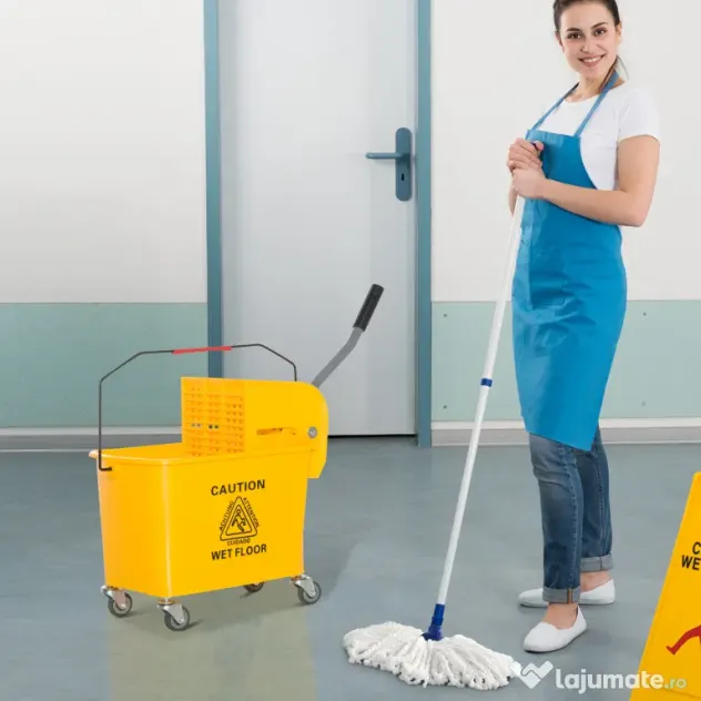 HOMCOM Cărucior Găleată cu Separator de Apă și Storcător Detașabil din PP, 63x27x67 cm, Galben | Aosom Romania