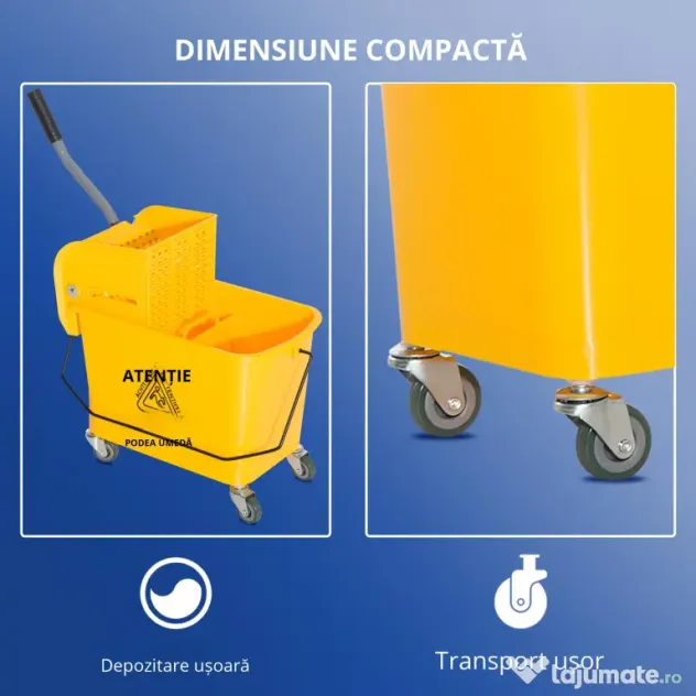 HOMCOM Cărucior Găleată cu Separator de Apă și Storcător Detașabil din PP, 63x27x67 cm, Galben | Aosom Romania