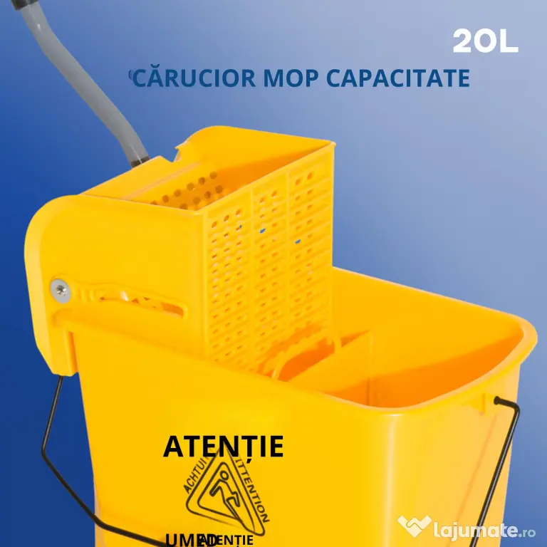 HOMCOM Cărucior Găleată cu Separator de Apă și Storcător Detașabil din PP, 63x27x67 cm, Galben | Aosom Romania