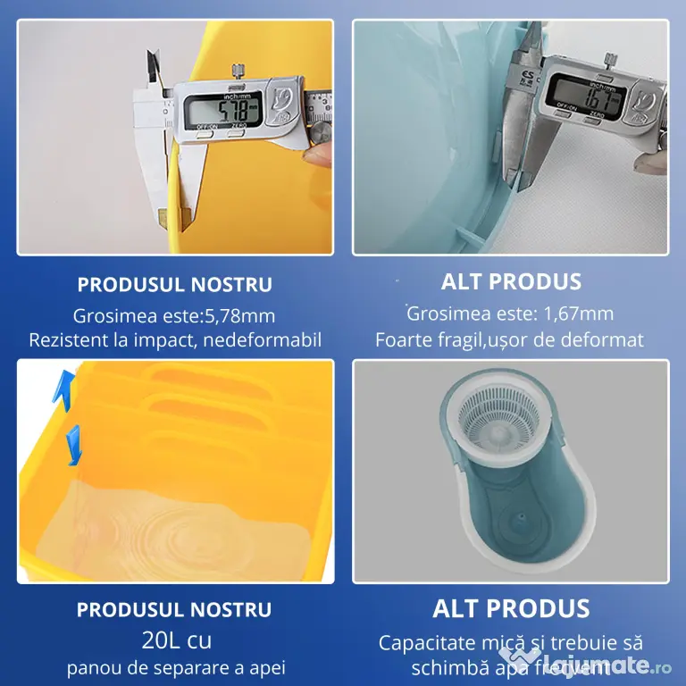 HOMCOM Cărucior Găleată cu Separator de Apă și Storcător Detașabil din PP, 63x27x67 cm, Galben | Aosom Romania