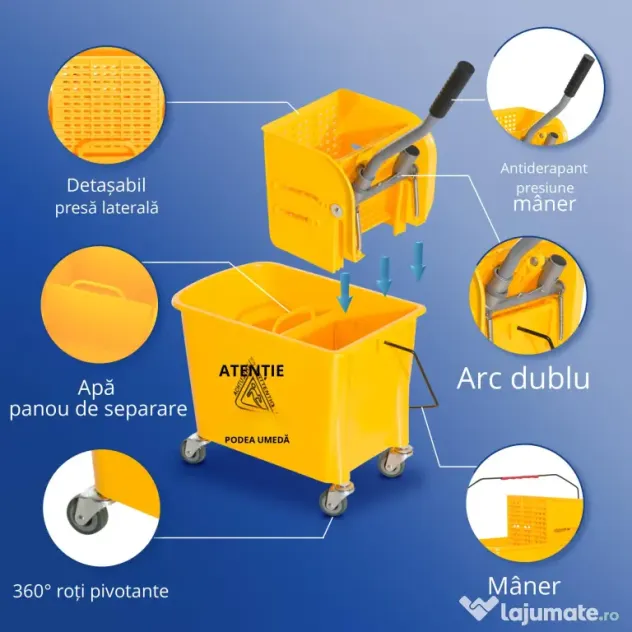 HOMCOM Cărucior Găleată cu Separator de Apă și Storcător Detașabil din PP, 63x27x67 cm, Galben | Aosom Romania