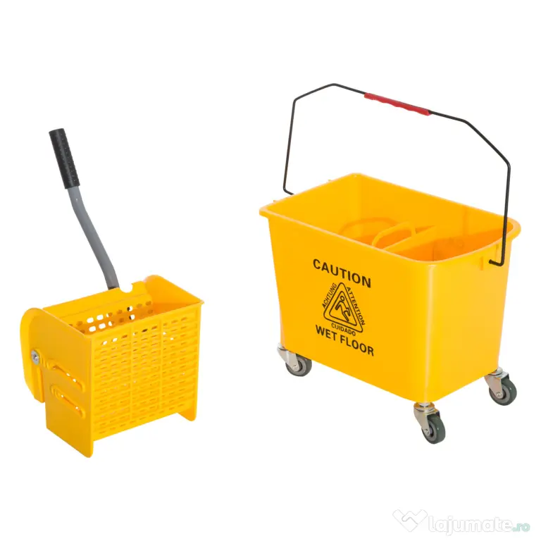 HOMCOM Cărucior Găleată cu Separator de Apă și Storcător Detașabil din PP, 63x27x67 cm, Galben | Aosom Romania