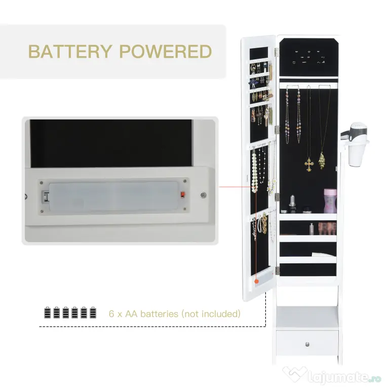 HOMCOM Dulap pentru Bijuterii Reglabil cu Oglindă și Lumini LED, Spațiu Amplu de Depozitare, Design Elegant | Aosom Romania