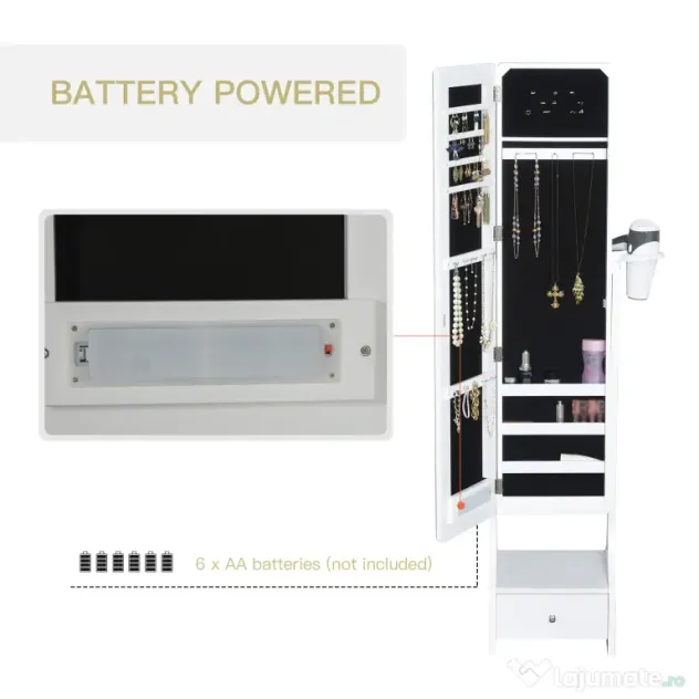 HOMCOM Dulap pentru Bijuterii Reglabil cu Oglindă și Lumini LED, Spațiu Amplu de Depozitare, Design Elegant | Aosom Romania