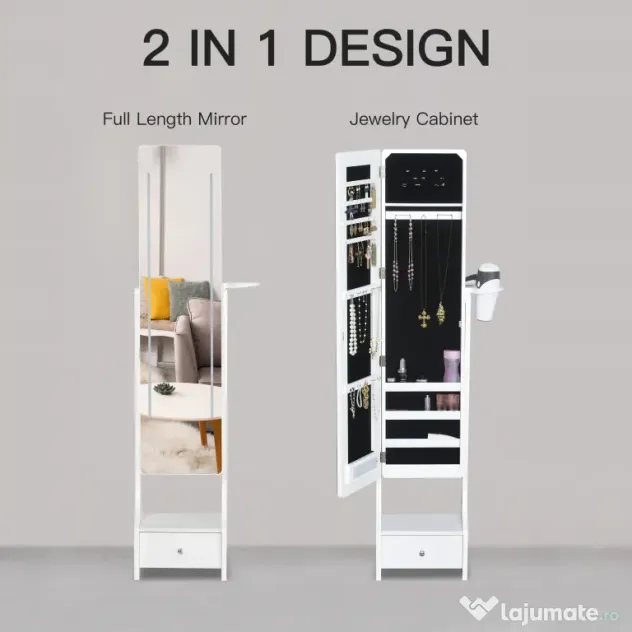 HOMCOM Dulap pentru Bijuterii Reglabil cu Oglindă și Lumini LED, Spațiu Amplu de Depozitare, Design Elegant | Aosom Romania