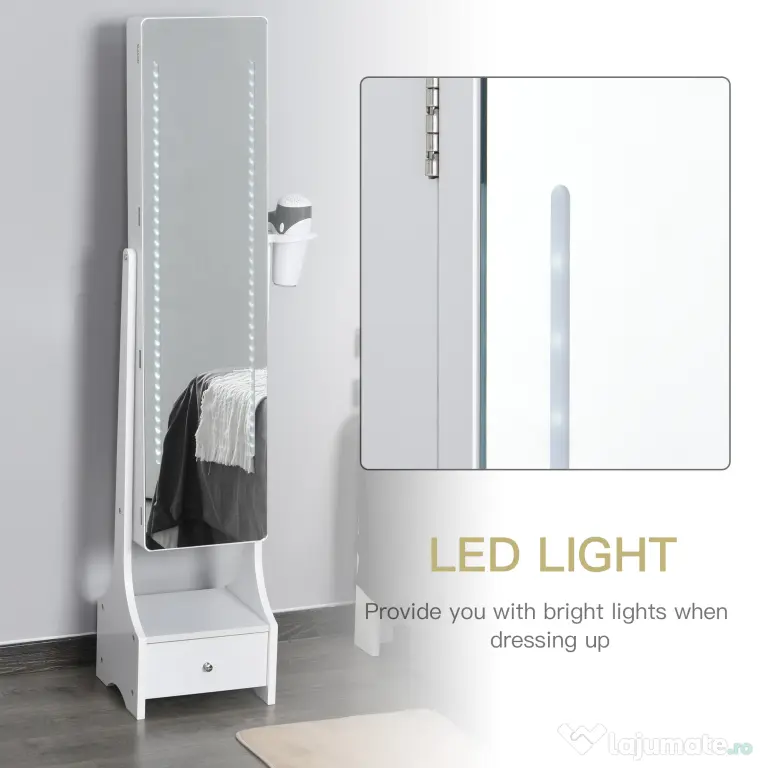 HOMCOM Dulap pentru Bijuterii Reglabil cu Oglindă și Lumini LED, Spațiu Amplu de Depozitare, Design Elegant | Aosom Romania