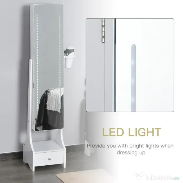 HOMCOM Dulap pentru Bijuterii Reglabil cu Oglindă și Lumini LED, Spațiu Amplu de Depozitare, Design Elegant | Aosom Romania
