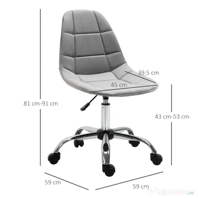 Vinsetto Scaun Ergonomic Rotativ cu Bază cu 5 Roți, Înălțime Ajustabilă, Comfortabil, Gri, Dimensiuni 59x59x81-91cm | Aosom Romania