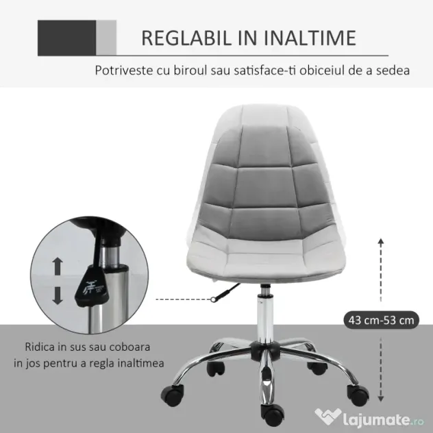 Vinsetto Scaun Ergonomic Rotativ cu Bază cu 5 Roți, Înălțime Ajustabilă, Comfortabil, Gri, Dimensiuni 59x59x81-91cm | Aosom Romania